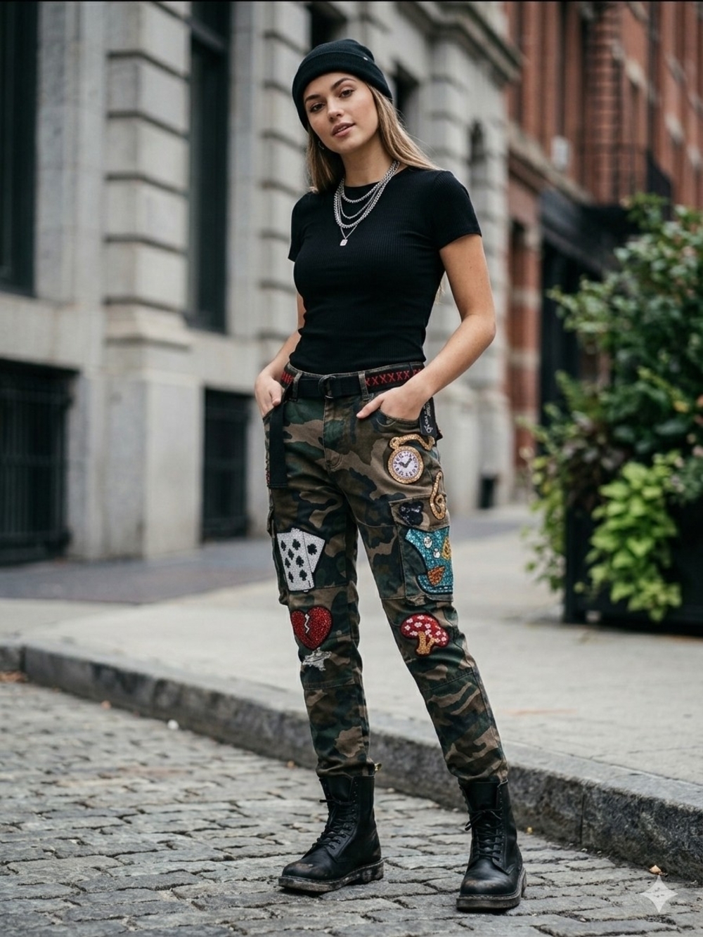 ​🔥 Limited Edition 'CÔTE DE NUITS' Distressed Sequin Camo Cargo Jeans